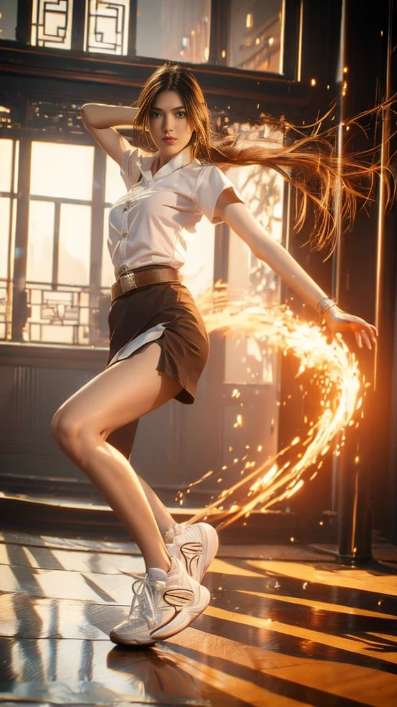 (Fire element:1.2), Knee shot, 18s woman in thai university uniform, long straight hair, white short-sleeve shirt, black tight mini skirt, brown belt, white sneakers, masterpiece:1.2, high detail, realistic, cinematic scene, fire goddess, slim and perfect figure, perfect body proportions, 16k, portrait photo, dynamic dancing pose, dynamic compositions, orang-aura, orang-magic, dancing, fire