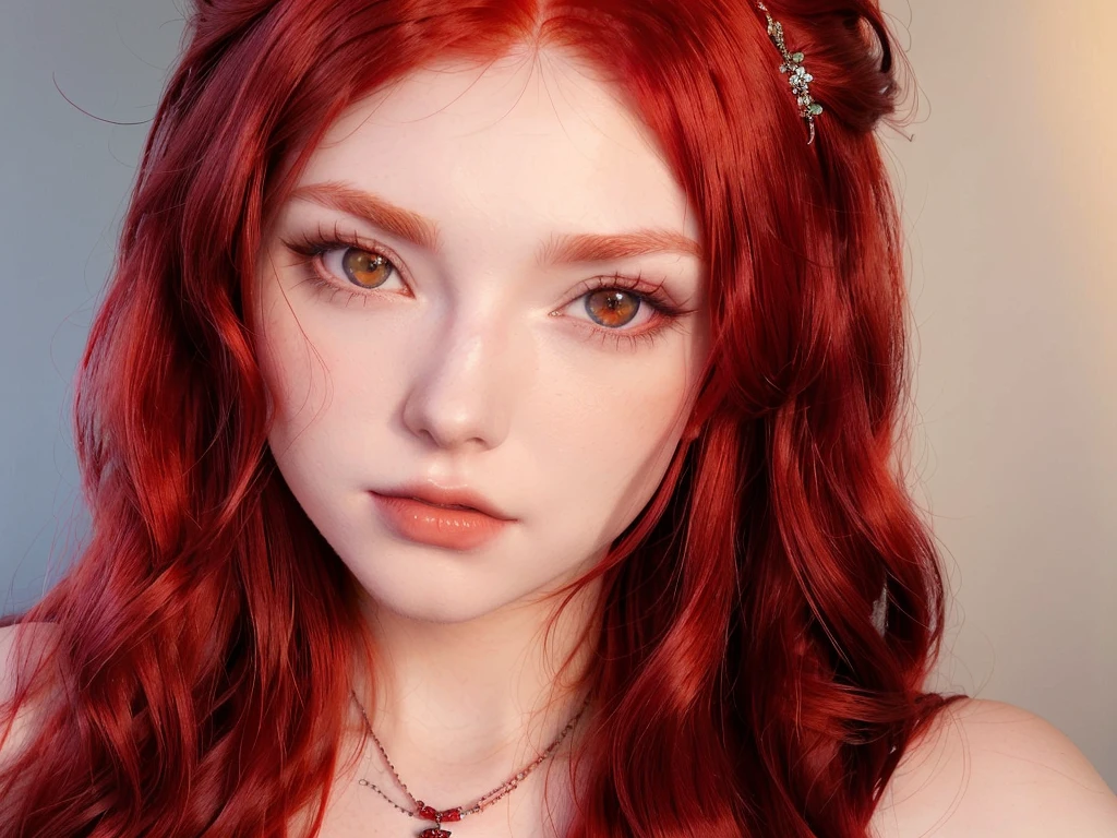 there is a woman With red hair and a necklace on, crimson red hair and red eyes, with long hair and piercing eyes, red wig, With red hair, anime girl in real life, with long red hair, red contact lenses, pale red, With red hair and green eyes, dyed red hair, realistic cosplay, red contacts, crimson hair, Sakimichan