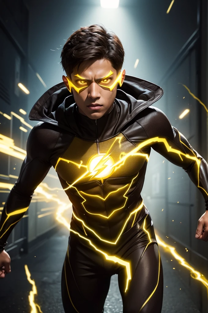 Create an image of a 17-year-old brown boy wearing the Reverse Flash costume from the series.