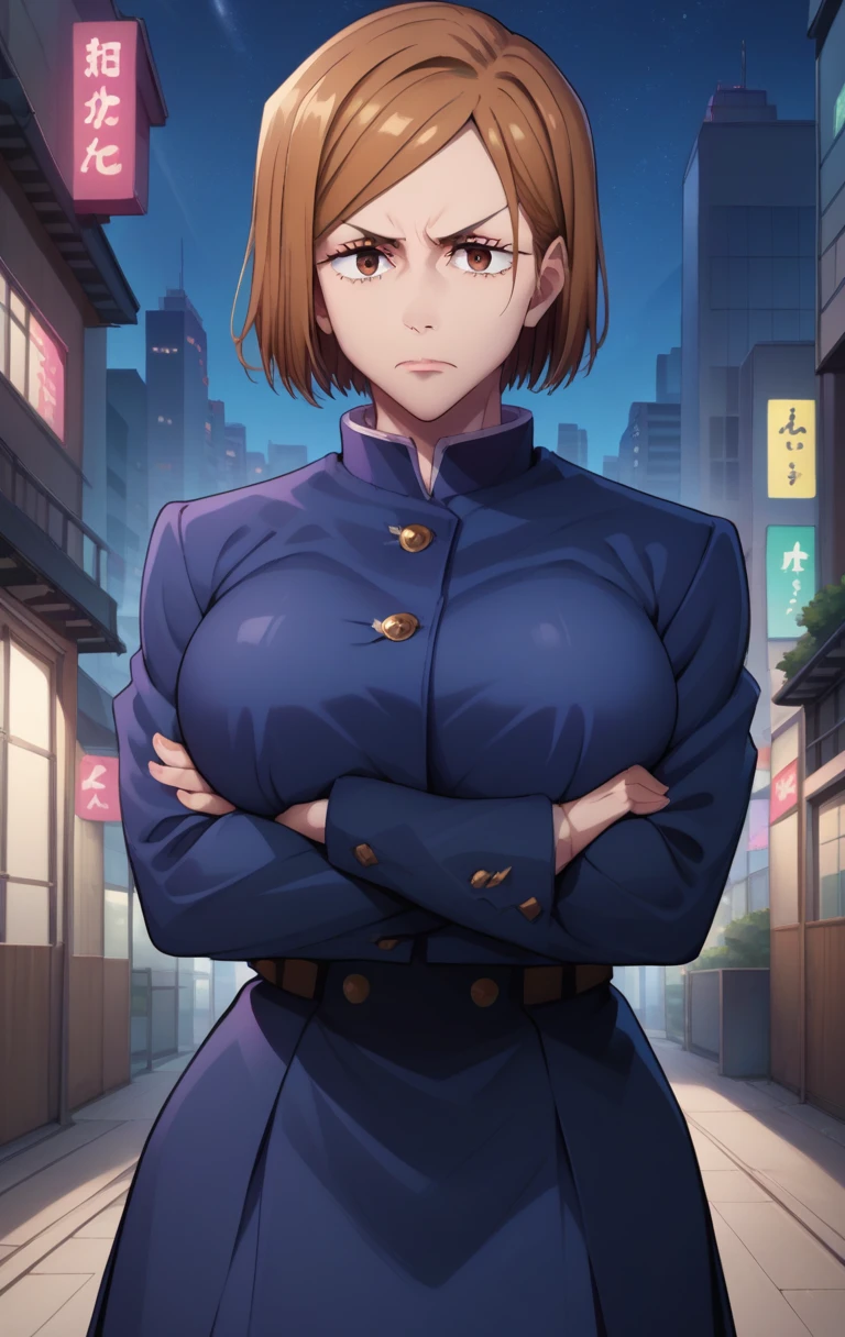 score_9, score_8_up, score_7_up, score_9,  BREAK kugisaki nobaraXL, 1girl, solo, breasts, looking at viewer, short hair, bangs, skirt, large breasts, brown hair, long sleeves, brown eyes, closed mouth, , jacket, night, crossed arms, blue jacket, building, city, gakuran, arms under breasts, kugisaki nobara, cowboy shot