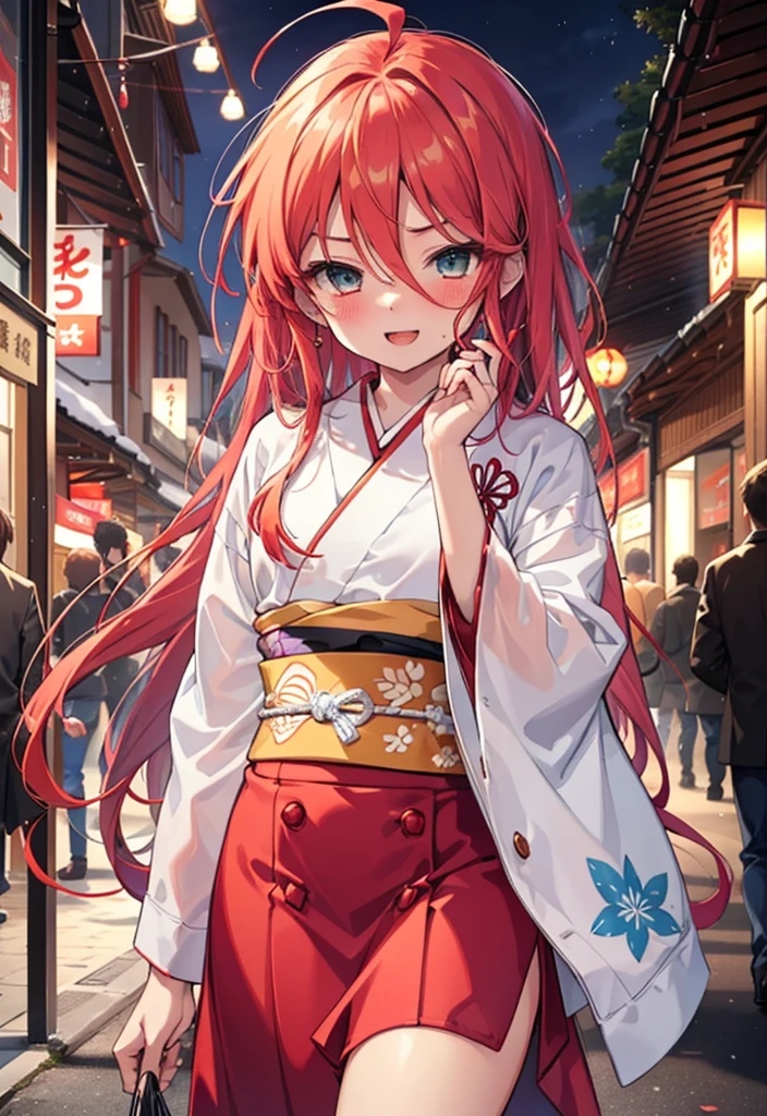 Shana,灼眼のShana,Long Hair, Red hair,Red eyes,Ahoge,smile,blush,Open your mouth,Hair tied up,blush,Red Kimono,Thick sleeves,Red long skirt,日本のfestival,夏festivalの屋台,Red lantern,So that the whole body goes into the illustration,Walking,　　　　　　　　　　　  break looking at viewer, Upper Body (Cowboy Shot:1. 5),  　　　　　　　　　　　　　　　　　　break outdoors, shrine,festival, 　　　　　　　　　　　　　break (masterpiece:1.2), Highest quality, High resolution, unity 8k wallpaper, (shape:0.8), (Beautiful and beautiful eyes:1.6), Highly detailed face, Perfect lighting, Highly detailed CG, (Perfect hands, Perfect Anatomy),