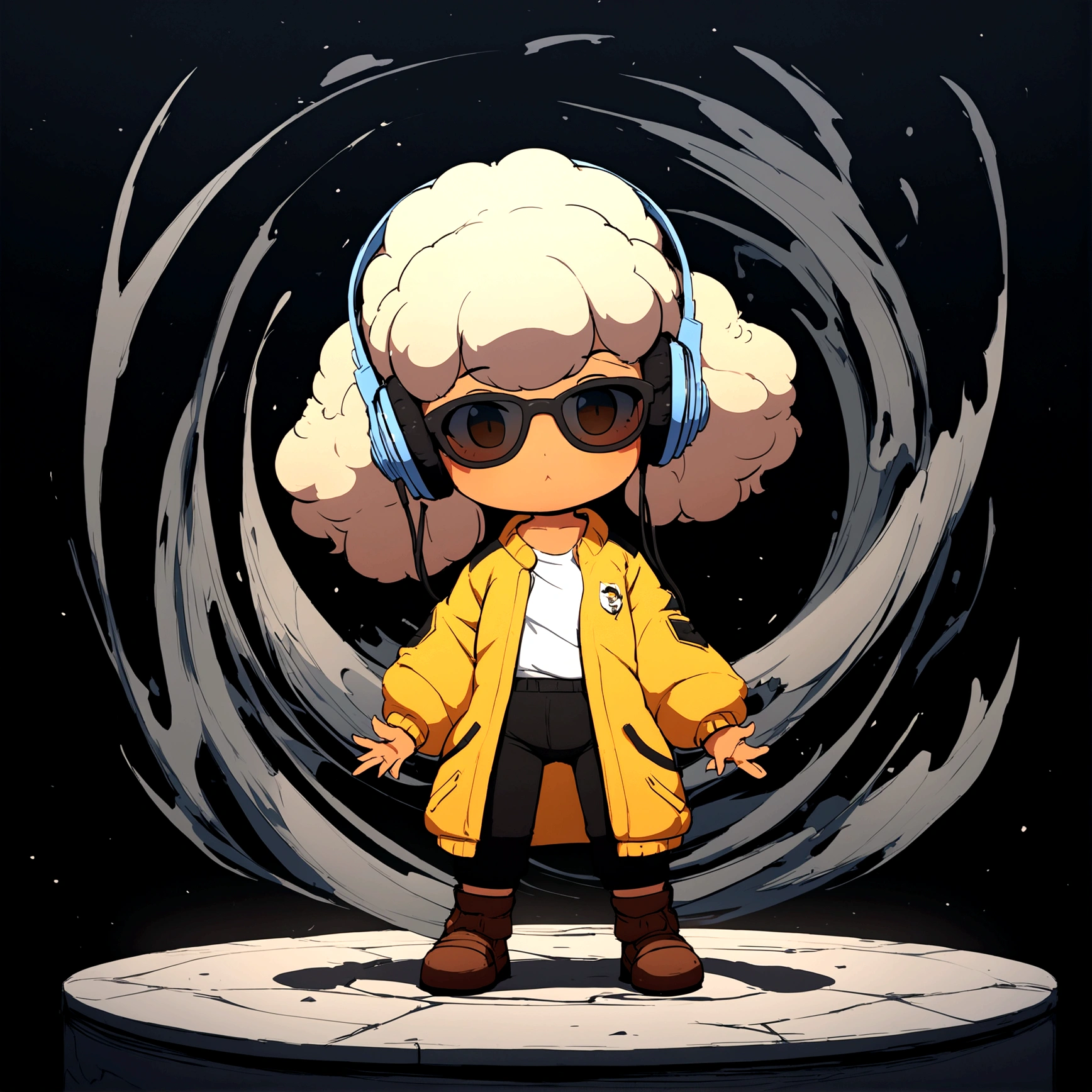 Perfect centering, Cute brown baby poodle, Wearing a student jacket, Wear sunglasses, Wearing headphones, Standing position, Abstract Beauty, Centered, Looking into the camera, To the camera, Near perfect, dynamic, Moonlight glow, Very detailed, Digital Painting, artステーション, コンセプトart, Silky, Sharp focus, 8K, High resolution, figure, art：Carne Griffith、Vadim Kashin, White Background,