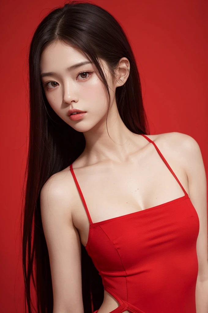 20 year old girl, y model, red theme, long hair, high contrast (Natural skin texture, Hyperrealism, Soft Light, sharp), portrait, standing, kpop