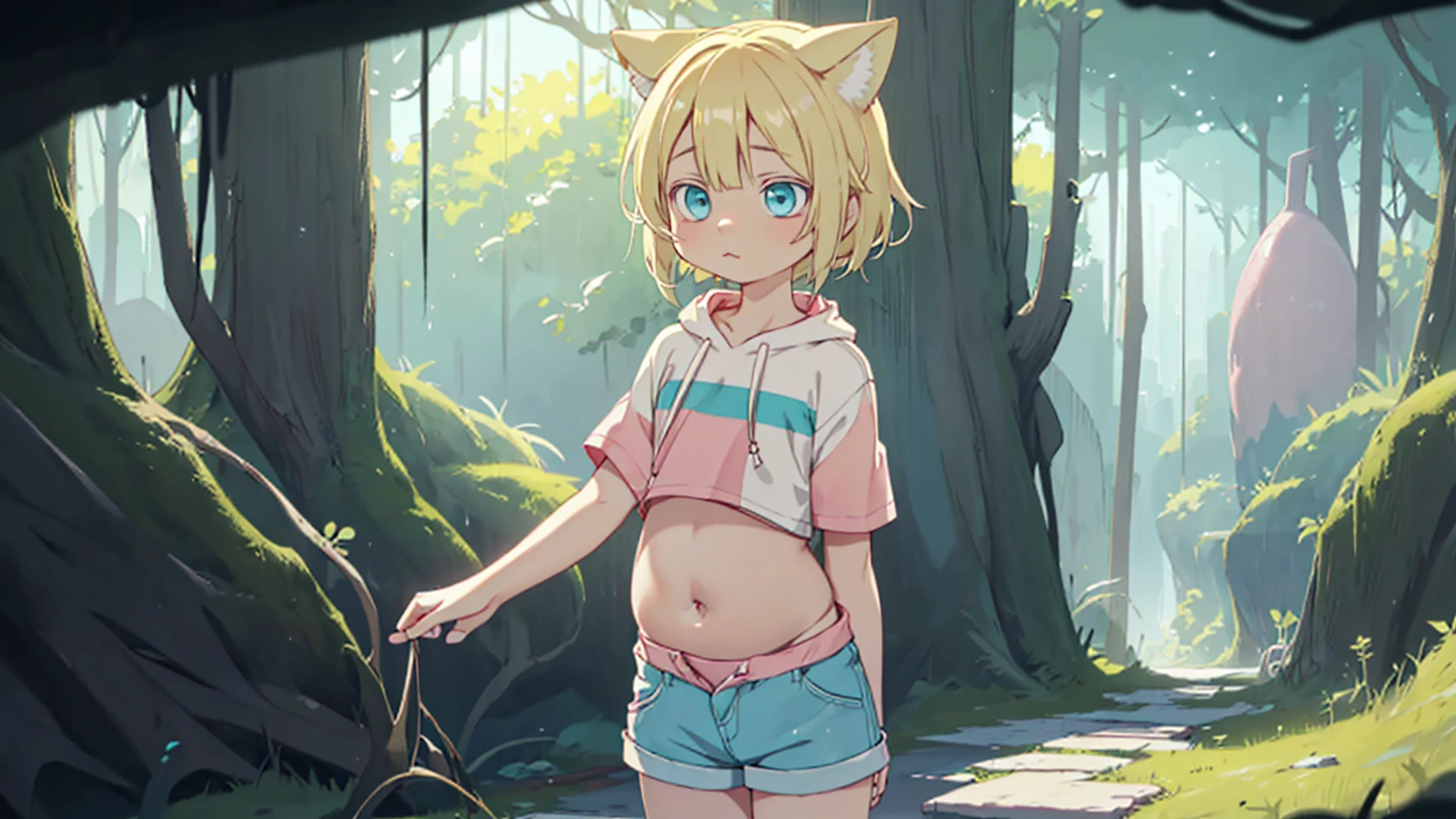 Turquoise Eyes、8--old l, (Eye color is turquoise), SFW,
Blonde Hair、Short Hair、Cat ear、(Blonde :1.5),
White skin, Wooden village, (Flat Chest), Denim shorts,
outside, bright,, Plain pink short sleeve hoodie,I tried drawing a belly button in the style of Made in Abyss,
Soft lighting and detailed environments、Create immersive environments that inspire your imagination、Delivering high quality visuals, Dim lighting, Sharply focused, Octane Rendering, 8K Ultra HD