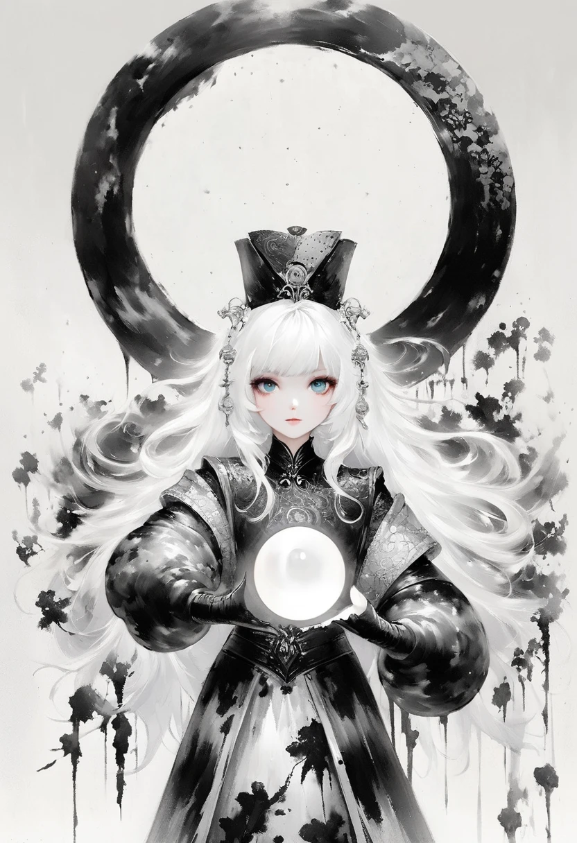 (Lots of white space:1.5)，(Lots of white space around:1.6), White background, simple, Minimalism, Abstract,Hand Painted，Aesthetic，black and white，Ink Painting，Magic Circle，Magician, Holding a magic ball in hand ,A beautiful artistic illustration, author：Li Song, Arte no estilo de Gu Weiss, Shin Jin Hye, Obra-prima de Gu Weiss, Ross Figure 1. 0, Beautiful digital illustrations, Inspired by Non-WLOP, Cute and lovely digital art, jingna zhang, Gu Weiss, Stunning digital illustrations