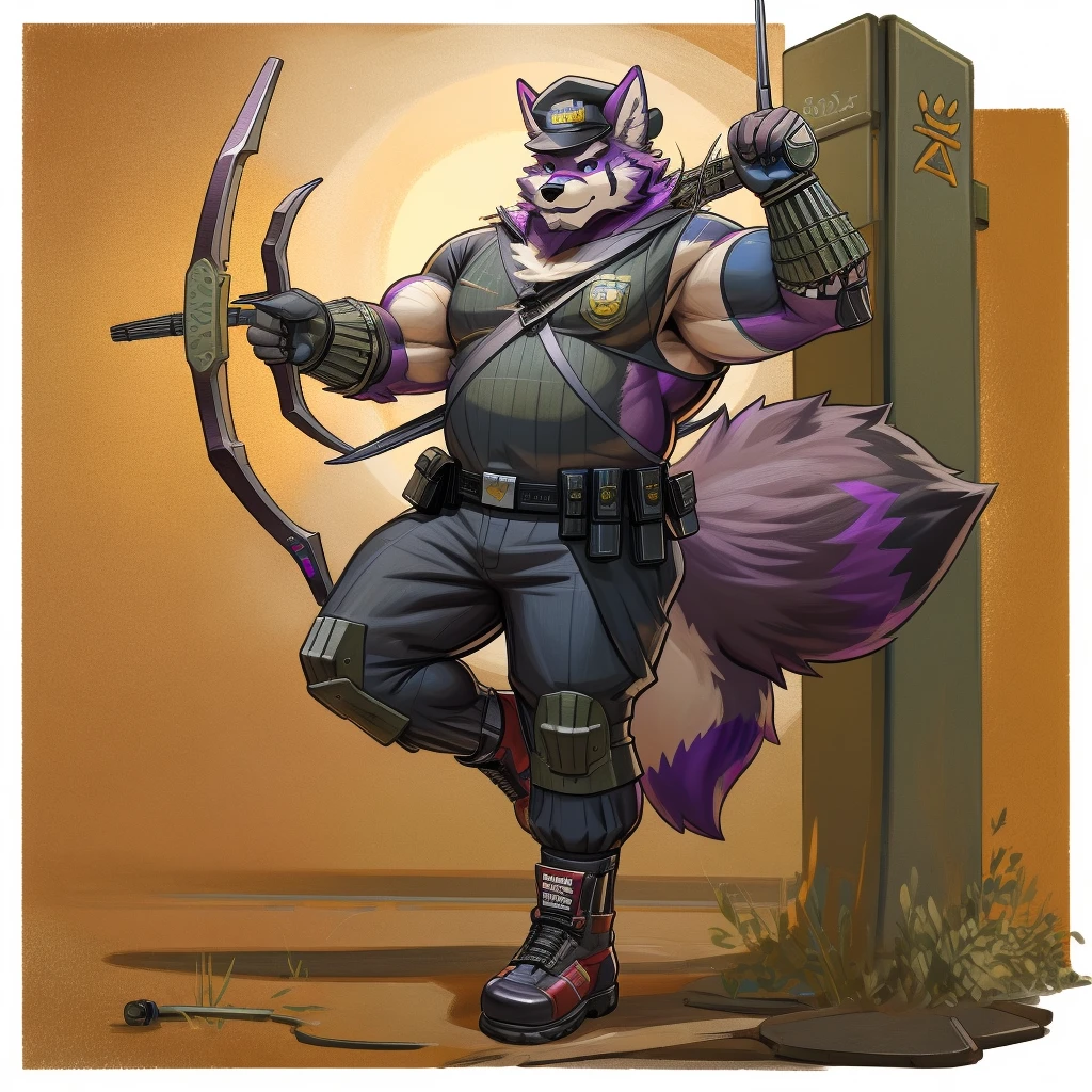 a drawing of a man in a uniform holding a hunting bow, detailed full body, (((archery armor, military hat, police man, black color outfit, military shoes, police cap))), beautiful full body, full uniform, an anthropomorphic fox, moustache, mature, daddy, furry character, anthropomorphic furry art, anthro concept art, commission for high res, fursona commission, fullbody commission for, purple fur fox, (((hunting bow))), (((purple fur))), muscular, bulking, tall, archer, beard, ((fox)), furry art, hold a ((scifi bow)), (muscular), (big body), (beard),