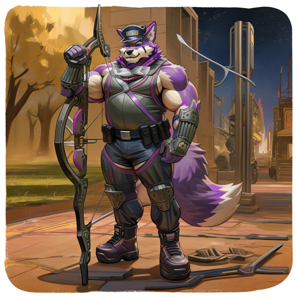 a drawing of a man in a uniform holding a hunting bow, detailed full body, (((archery armor, military hat, police man, black color outfit, military shoes, police cap))), beautiful full body, full uniform, an anthropomorphic fox, moustache, mature, daddy, furry character, anthropomorphic furry art, anthro concept art, commission for high res, fursona commission, fullbody commission for, purple fur fox, (((hunting bow))), (((purple fur))), muscular, bulking, tall, archer, beard, ((fox)), furry art, hold a ((scifi bow)), (muscular), (big body), (beard),