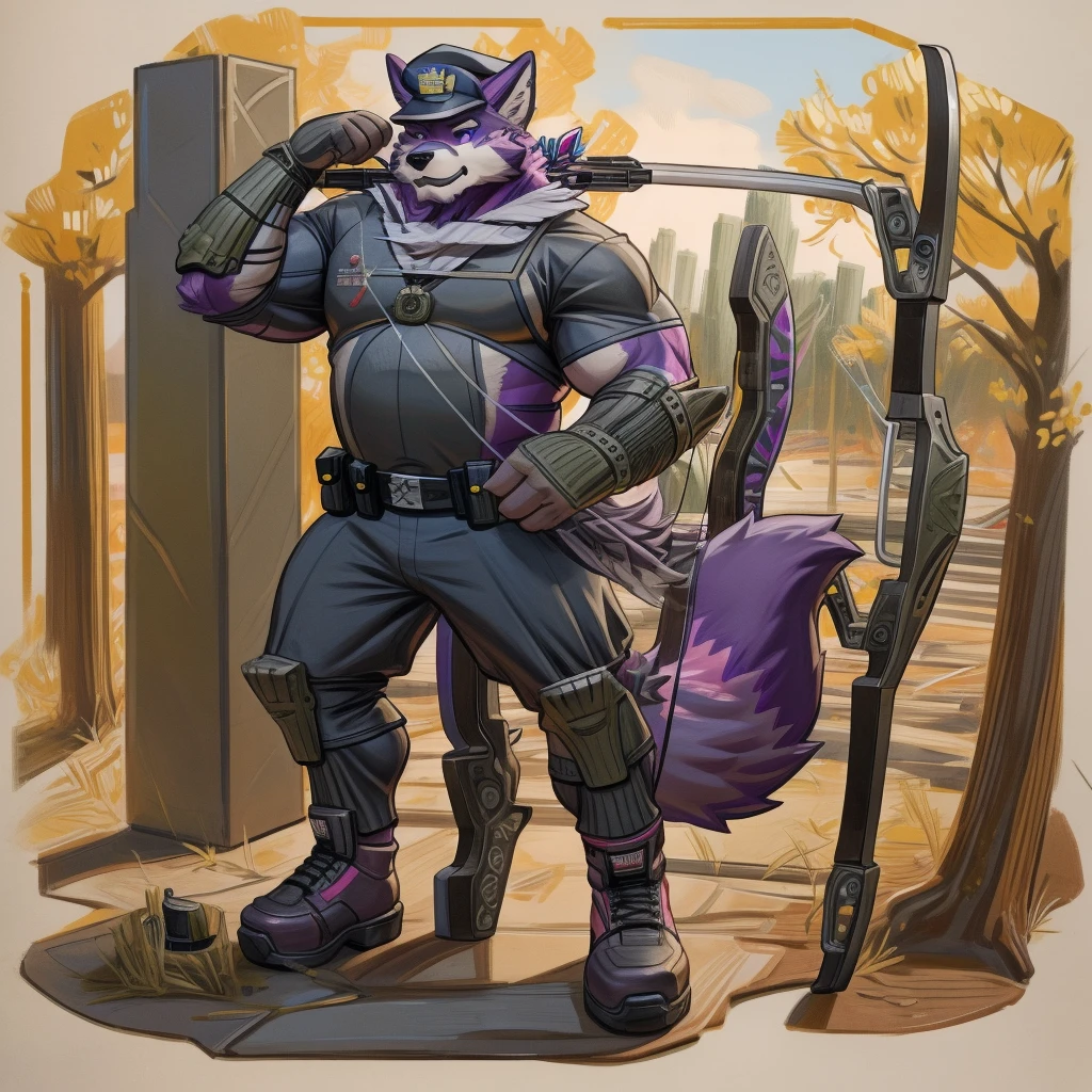 a drawing of a man in a uniform holding a hunting bow, detailed full body, (((archery armor, military hat, police man, black color outfit, military shoes, police cap))), beautiful full body, full uniform, an anthropomorphic fox, moustache, mature, daddy, furry character, anthropomorphic furry art, anthro concept art, commission for high res, fursona commission, fullbody commission for, purple fur fox, (((hunting bow))), (((purple fur))), muscular, bulking, tall, archer, beard, ((fox)), furry art, hold a ((scifi bow)), (muscular), (big body), (beard),
