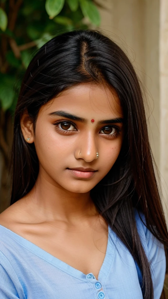 Indian punjabi 15 year old girl with white fair skin looking into camera with binded hairs and shap facial structure