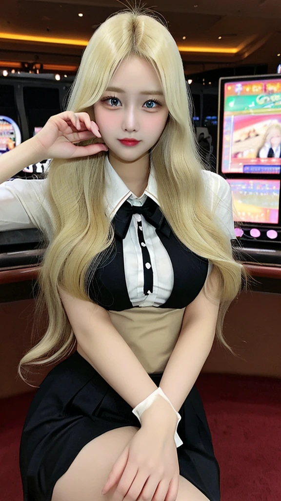 Beautiful body, Beautiful face, big breasts,  long hair blonde, uniform casino