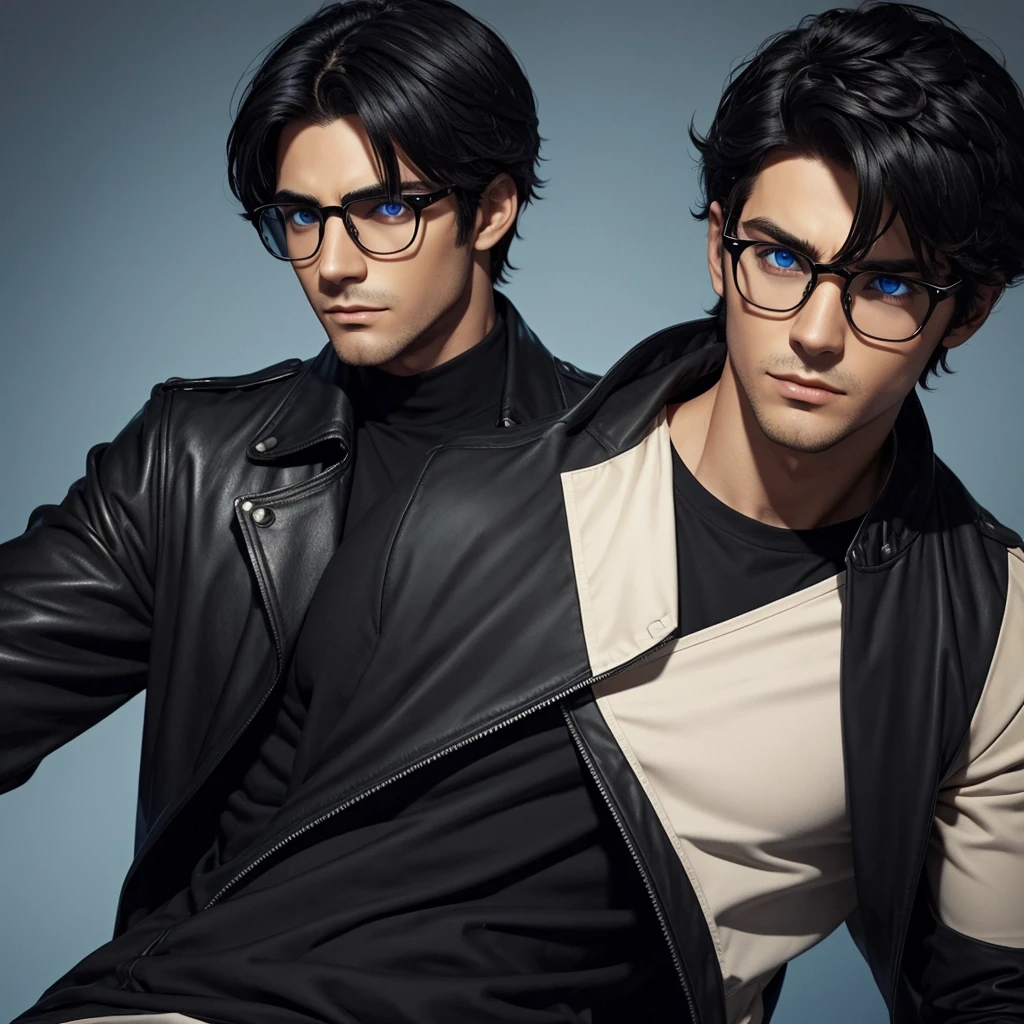 a male character with medium hair, smooth and black. This character is beige, has bright blue eyes and black glasses. There's also a navy blue shirt with a print of a wolf on the moon.