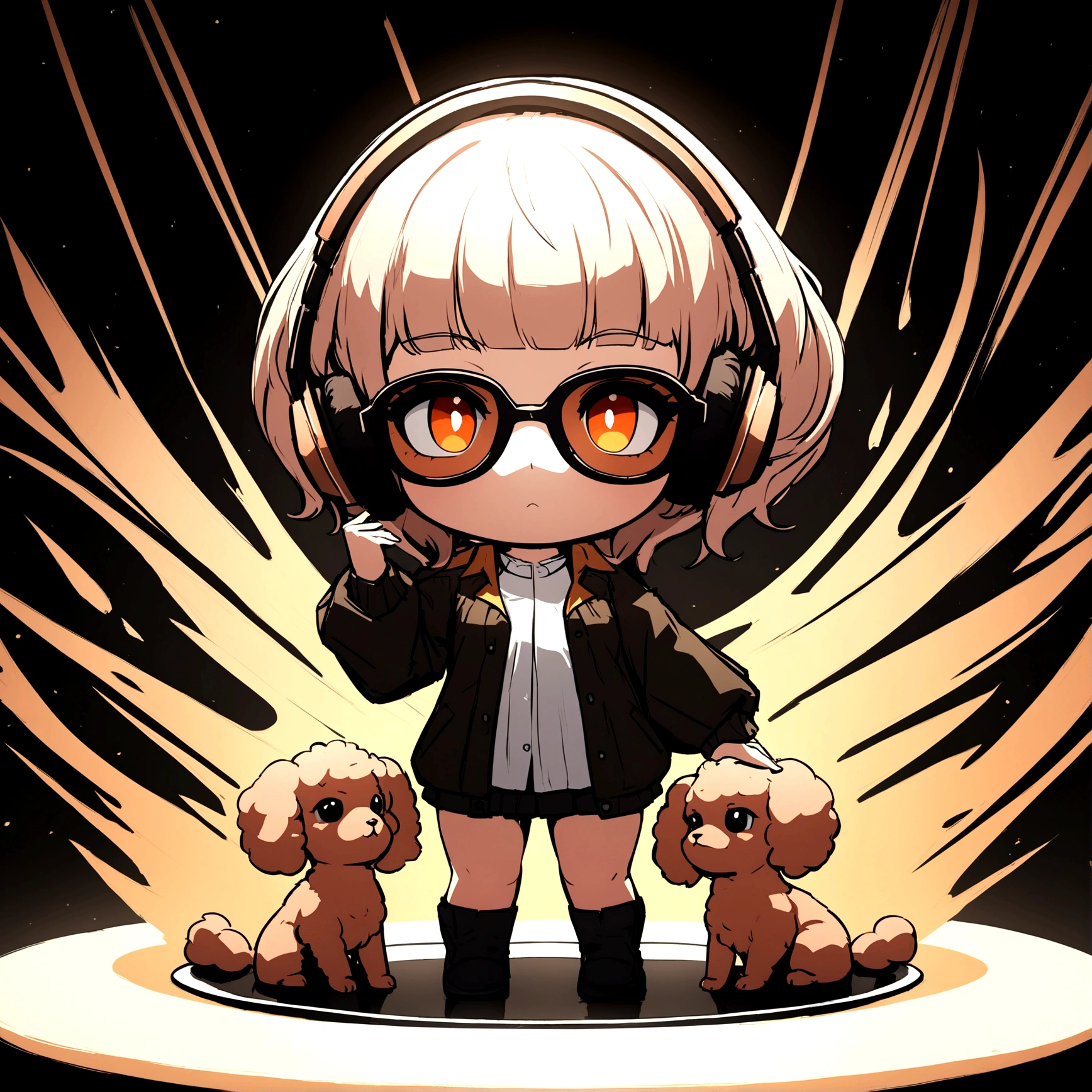 Perfect centering, Cute brown baby poodle, Wearing a student jacket, Wear sunglasses, Wearing headphones, Standing position, Abstract Beauty, Centered, Looking into the camera, To the camera, Near perfect, dynamic, Moonlight glow, Very detailed, Digital Painting, artステーション, コンセプトart, Silky, Sharp focus, 8K, High resolution, figure, art:Carne Griffith、Vadim Kashin, White Background,