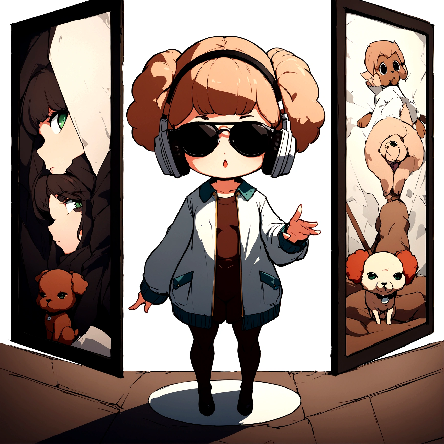 Perfect centering, Cute brown baby poodle, Wearing a student jacket, Wear sunglasses, Wearing headphones, Standing position, Abstract Beauty, Centered, Looking into the camera, To the camera, Near perfect, dynamic, Moonlight glow, Very detailed, Digital Painting, artステーション, コンセプトart, Silky, Sharp focus, 8K, High resolution, figure, art：Carne Griffith、Vadim Kashin, White Background,