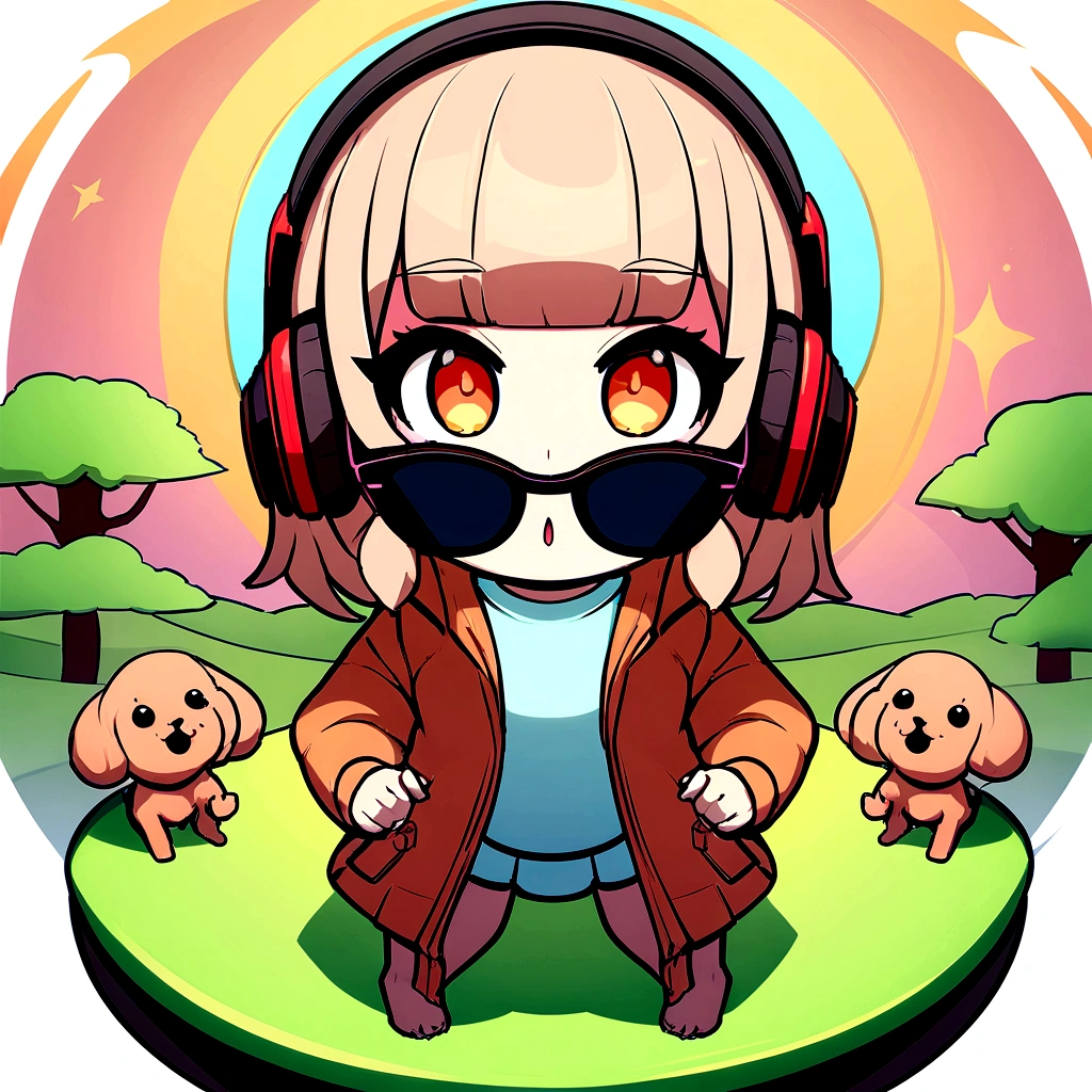 Perfect centering, Cute brown baby poodle, Wearing a student jacket, Wear sunglasses, Wearing headphones, Standing position, Abstract Beauty, Centered, Looking into the camera, To the camera, Near perfect, dynamic, Moonlight glow, Very detailed, Digital Painting, artステーション, コンセプトart, Silky, Sharp focus, 8K, High resolution, figure, art:Carne Griffith、Vadim Kashin, White Background,