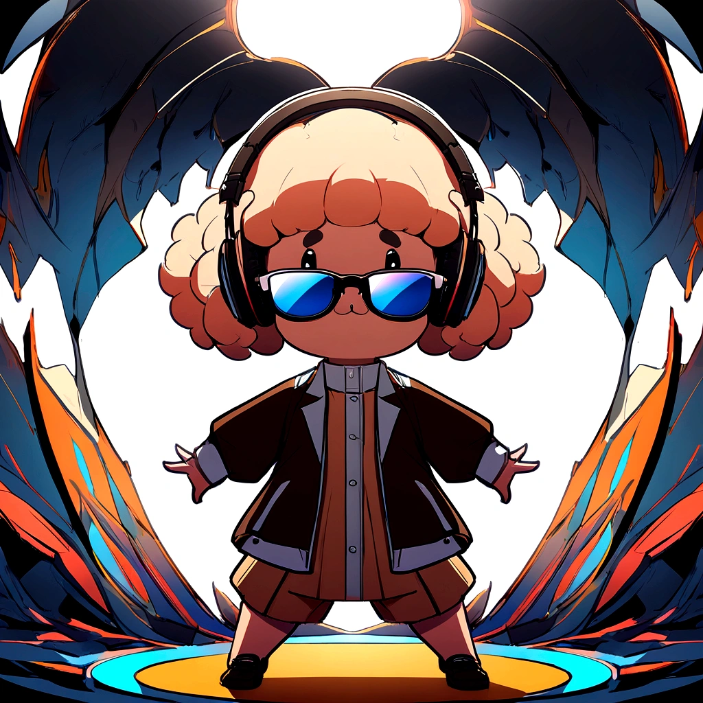 Perfect centering, Cute brown baby poodle, Wearing a student jacket, Wear sunglasses, Wearing headphones, Standing position, Abstract Beauty, Centered, Looking into the camera, To the camera, Near perfect, dynamic, Moonlight glow, Very detailed, Digital Painting, artステーション, コンセプトart, Silky, Sharp focus, 8K, High resolution, figure, art：Carne Griffith、Vadim Kashin, White Background,
