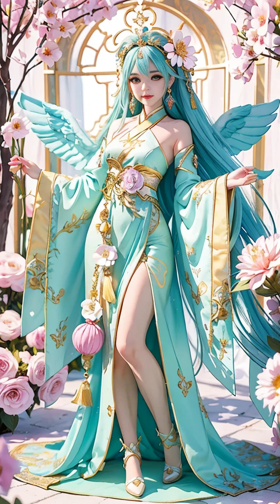 Close-up of a woman in costume on stage, Whole body xylose, Beautiful celestial mage, a stunning young ethereal figure, beautiful fantasy empress, astral witch clothes, shaxi, flowing magical robe, white hanfu, xianxia fantasy, Belle Delphine, Ethereal fantasy, elegant glamourous cosplay, heise jinyao，((are standing))，((Full body photo)) girl angel wings flower crown flower leaves  