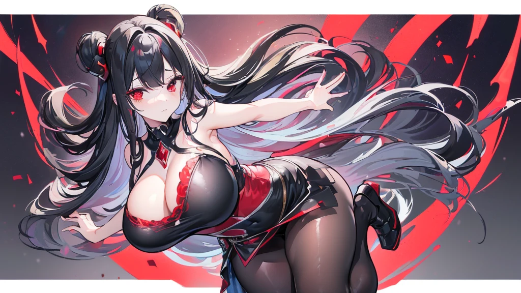 (Exquisite eyes),(Clear and beautiful eyes:1.61),masterpiece, 1 young girl,(Black clothes and some red gems), Black long hair, (She has a huge red gem on her chest), Good Hand,((The Havoc of StarCraft)),full-body shot,Fighting Stance,(Red Eyes:1.466)，short and small,(Very big breasts:1.35),(Pretty Face),(full-body shot:1.33),Beautiful hands