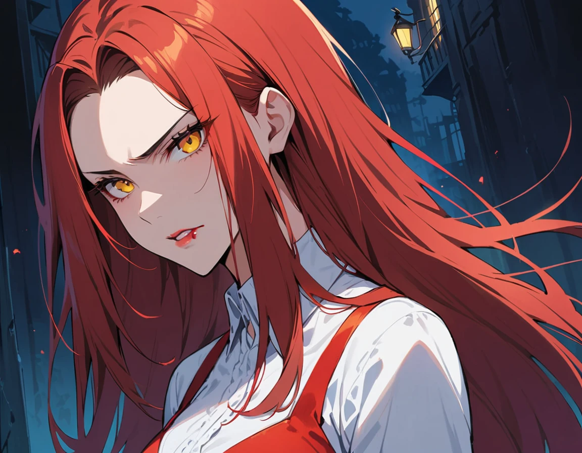 Long red hair, yellow eyes, evil, sexy, black and red clothes, cute hairstyle, evil face, evil, serious look, gloss lips, sinister, front look, bloody, gloves, close up, portrait, beautiful eyes, short dress, big white, dark place, night, sensual, straight hair cut, clear skin, evil, young 30 years girl, adult girl, solo, red, very long hair, (((Older mature woman)))