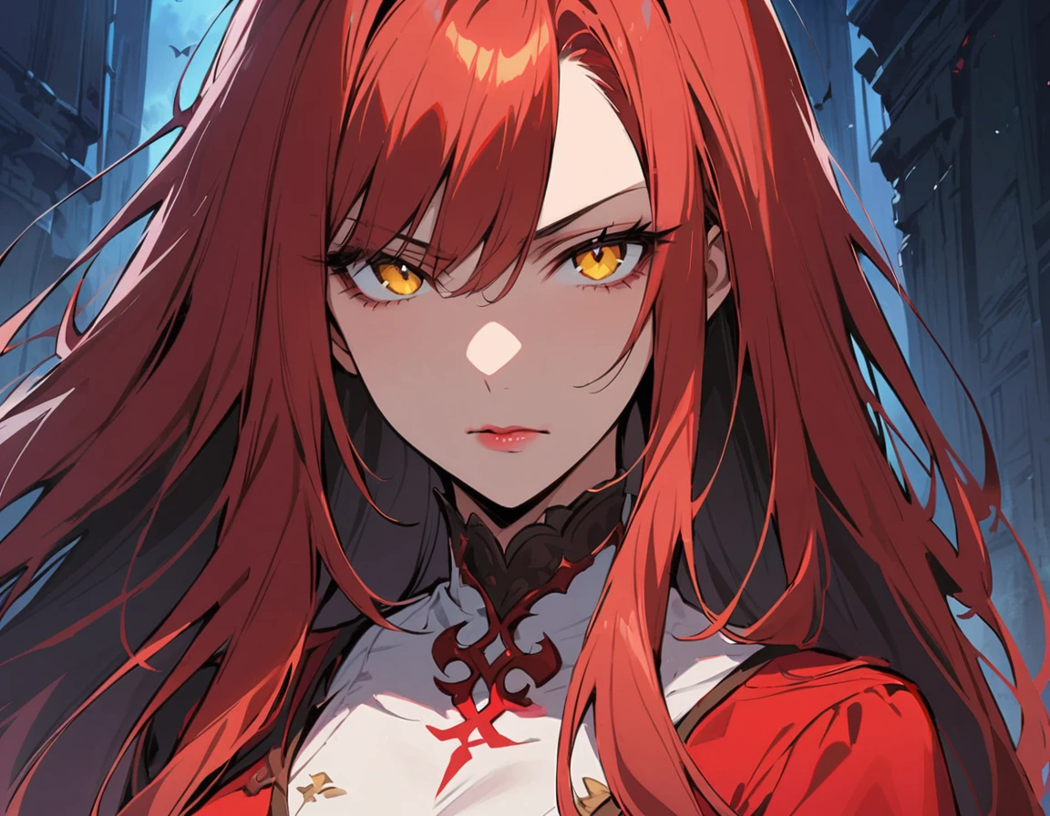 Long red hair, yellow eyes, evil, sexy, black and red clothes, cute hairstyle, evil face, evil, serious look, gloss lips, sinister, front look, bloody, gloves, close up, portrait, beautiful eyes, short dress, big white, dark place, night, sensual, straight hair cut, clear skin, evil, young 30 years girl, adult girl, solo, red, very long hair, (((Older mature woman)))