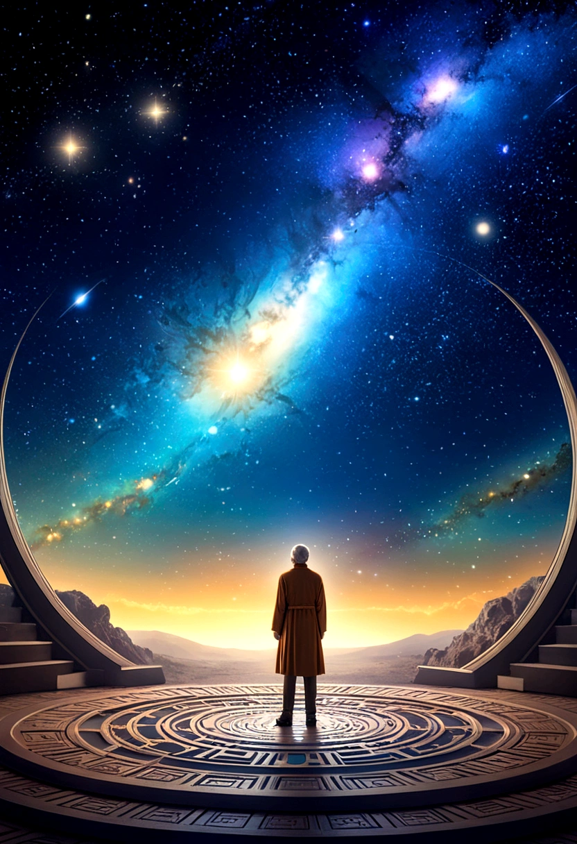 (Astrologer), An astrologer is conversing with the universe in a dream, surrounded by abstract dream scenes and flowing galaxies, with twinkling stars in the background, full body, (Photography), panoramic view, award-winning, cinematic still, emotional, vignette, dynamic, vivid, (masterpiece, best quality, Professional, perfect composition, very aesthetic, absurdres, ultra-detailed, intricate details:1.3)