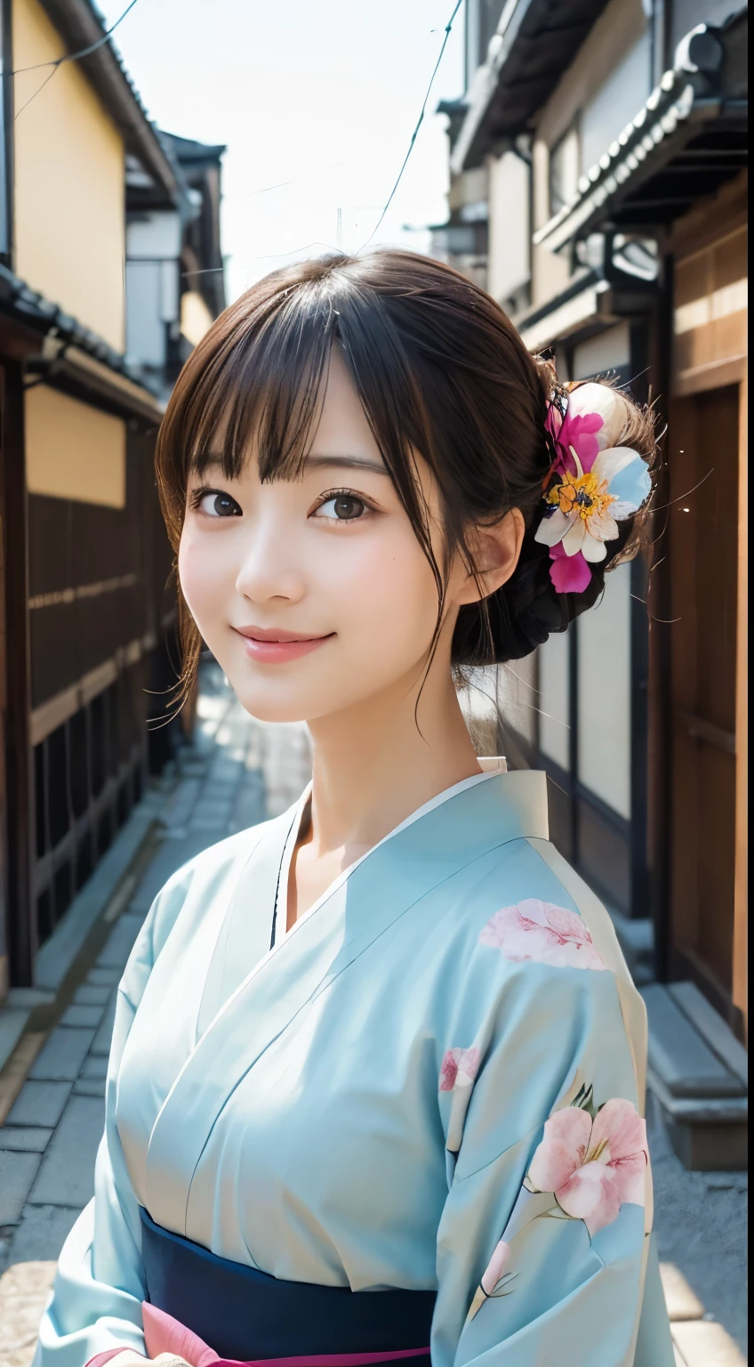 Professional Lighting,(Realistic:1.4), (Top image quality:1.0), (超High resolution:1.0), 8K, Raw photography, (masterpiece:0.2), (Dealing with the Children_v1:0.5)、(最高quality Detail:1.2)、Realistic、8K Ultra HD、High resolution、(1 Girl:1.2)、超detailedな、High quality textures、複雑なdetailed、detailed、Very detailed CG、High quality shadows、detailed 美しく繊細な顔、Beautiful details and a delicate eye、(Symmetrical eyes:1.2),Written boundary depth、Ray Tracing,1 Girl, Japanese Girls, (Natural smile:1.4),cute, thin, Portrait of a beautiful Japanese woman in a kimono, Standing elegantly on a street corner in Kyoto. Kimono with vibrant traditional patterns, Hair decorated with elegant and delicate hairpins, Gentle expression. (With the old streets of Kyoto in the background:1.4)、The soft light of a spring afternoon、Adding tranquility to the scene. Rendered in a Realistic style with great attention to detail, High resolutionの画像.Sky Porn, Magic Hour, (Realistic:1.3), finely, quality, (Tabletop:1.2), (Realistic:1.2), (最高quality), (複雑なdetailed), dramatic, Ray Tracing, photograph, +roller