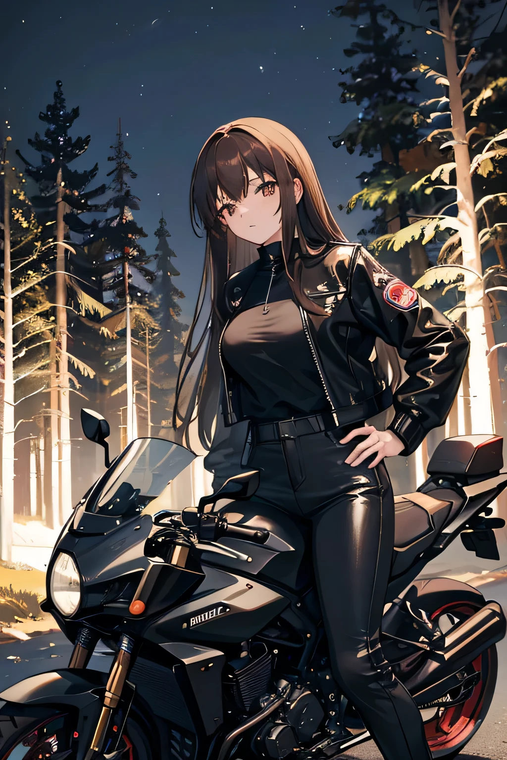 natta, Woman with long brown hair and bangs, in front of a clandestine race track full of pine trees at night, leaning against a motorcycle, dressed in black leather jacket and black pants