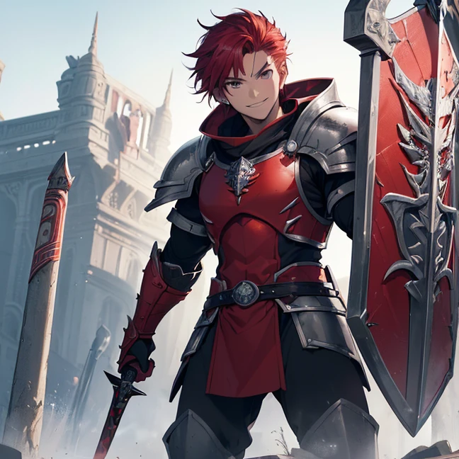 (best high quality image, very detailed graphics, very detailed textures, no deformed parts, no deformities, carefully detailed character, carefully detailed background and scenery, high quality textures, solo character alone)
{{(1character: 20 years old male barbarian red haired boy), (fair skin, purple eyes with black pupils, scarlet red spiky hair, scarlet red eyebrows, cheerful smile, brave demeanor, standing in attack pose, holding sword and shield), (grey knight light-armor, armored gauntlets, grey steel armored hips, grey steel long armored boots, golden dragon belt, red paded shirt under armor, red paded pants under armor, ((steel dragon broadword), purple steel shield))), (elvish fountain park, midday sunny day)}}