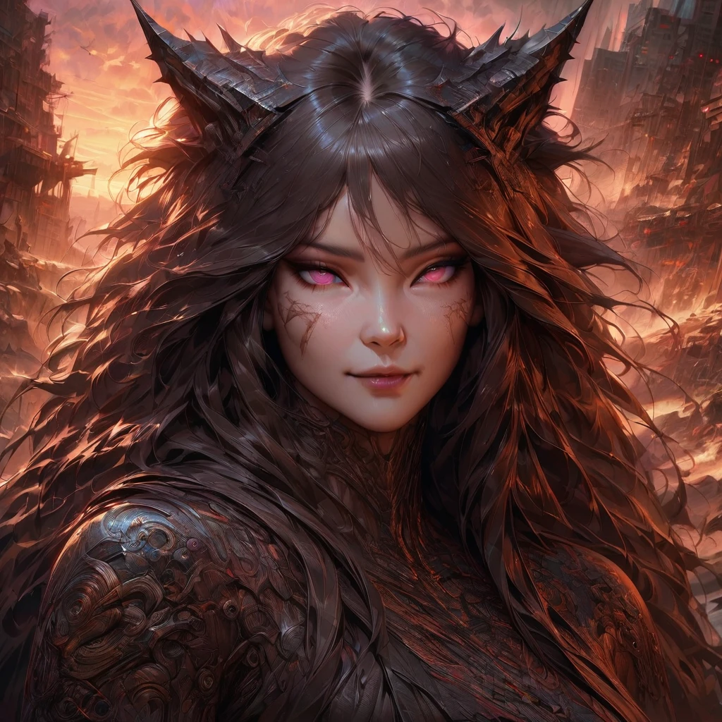 [Best quality, shaded, extreme details, very detailed, ultra detailed, complex, realistic, perfect face], fenrir woman, thick fur, long hair, (dark colored fur), almond eyes, discreet smile, serene face, clothes demon style (a humanoid body), an apocalyptic setting at sunset.