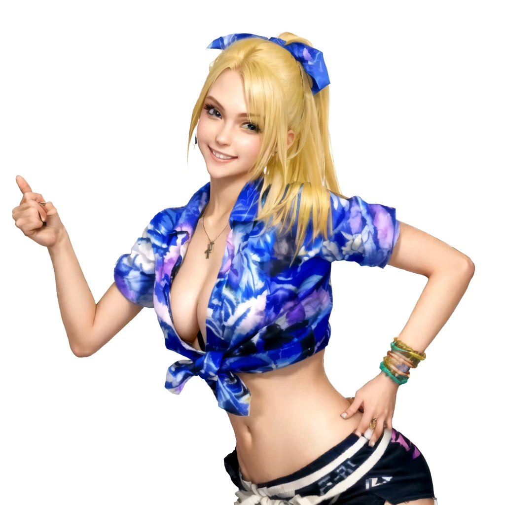 a close up of a blonde girl with a shirt on and right thumb up, she's European, as a character in Out Run 2, of SEGA, 3D CG, Clarissa, 2k, 2 k, she has three bracelets on her left wrist, she is smiling with her eyes with slightly open mouth as to say "OOOH", realistic, render of april, fighting game character, nina from tekken, shirt has some hawaiaan motif on it, she has a foulard tied over her head like a ribbon, she wears no bra
