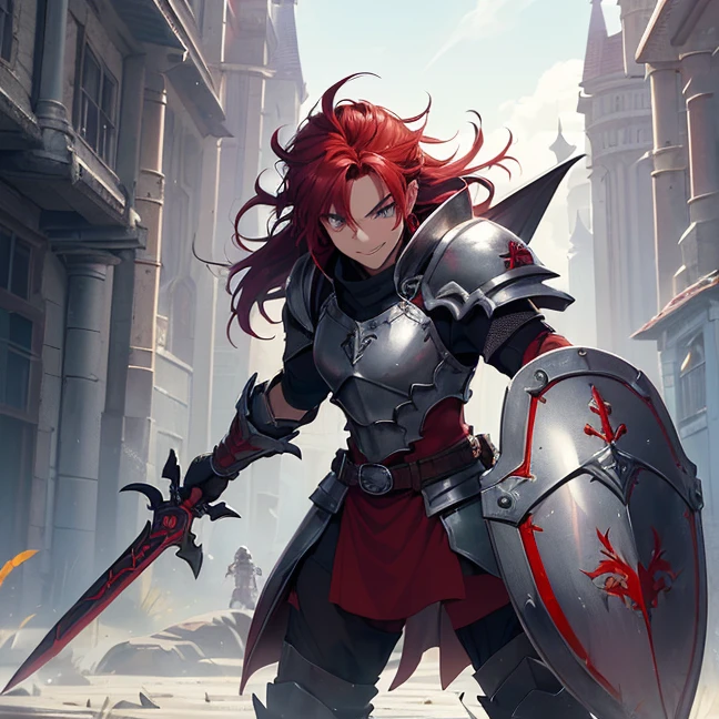 (best high quality image, very detailed graphics, very detailed textures, no deformed parts, no deformities, carefully detailed character, carefully detailed background and scenery, high quality textures, solo character alone)
{{(1character: 25 years old male barbarian red haired boy), (fair skin, purple eyes with black pupils, scarlet red spiky hair, scarlet red eyebrows, cheerful smile, brave demeanor, standing in attack pose, holding sword and shield), (grey knight light-armor, armored gauntlets, grey steel armored hips, grey steel long armored boots, golden dragon belt, red paded shirt under armor, red paded pants under armor, ((steel dragon broadword), purple steel shield))), (elvish fountain park, midday sunny day)}}