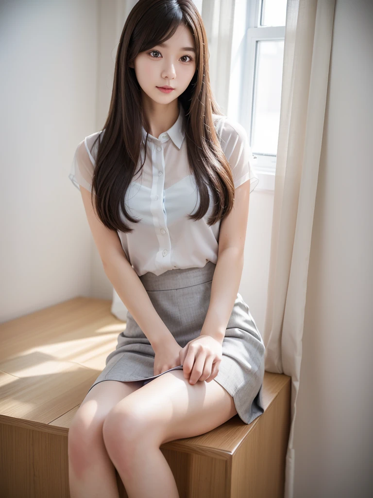 White Office、Grey mid-length skirt 、Sheer blouse、(Highest quality)、((Very detailed))、4K、(8K)、masterpiece、Very detailedな、Highest quality、Super Resolution、1 person、Kind Face、Soft Light、RAW quality、Soft Skin、163cm、30 years old、knees