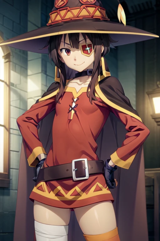 1girl,red eyes,short hair,brown hair,choker,collarbone,eyepatch,short hair with long locks,sidelocks,good hand,small breasts,smile,smug,witch hat,black cape,black thighhighs,bandages,red dress,black gloves,single thighhigh,belt,orange boots,asymmetrical legwear,bandaged leg,long sleeves,fingerless gloves,hands on hip,cowboy shot,low view,(masterpiece:1,2), best quality, masterpiece, highres, original, extremely detailed wallpaper, perfect lighting,(extremely detailed CG:1.2),