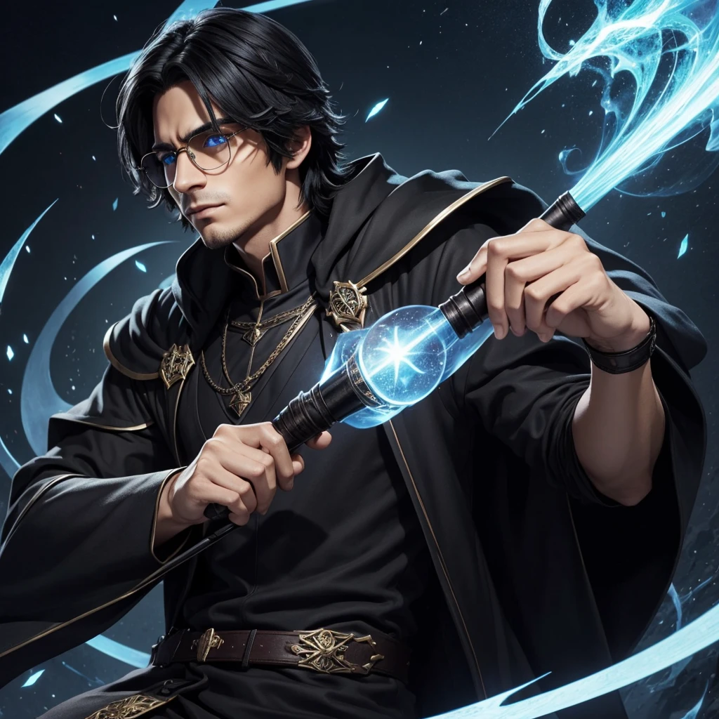 a male wizard with medium hair, smooth and black. This character is beige, has bright blue eyes and black glasses. There's also a navy blue shirt with a print of a wolf on the moon.