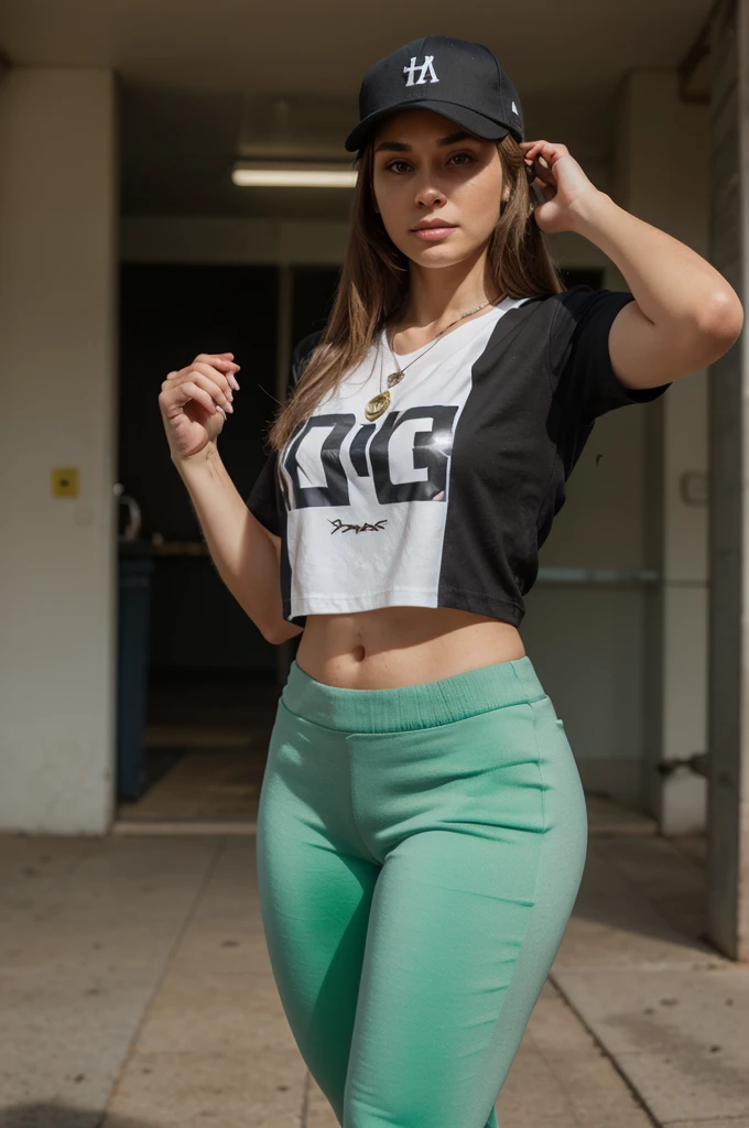 A 4k hyper-realistic anthropomorphic puma with a puma face, feline whiskers, high definition image, golden fur and expressive eyes. It is a full body image, muscled body, with his arms,legs, and feet. Wears a backwards baseball cap with graffiti details, an urban t-shirt with a modern design and tight pants. His fingers are claws, sus legs son peludas, hairy feet, hands and arms are hairy. Un puma antropomórfico muy realista 4k con golden fur and expressive eyes. Wears a backwards baseball cap with graffiti details, an urban t-shirt with a modern design and tight pants. Detail the character a lot. Its claws are adorned with silver rings and a necklace with a shiny medallion., anthropomorphic puma is standing, looking forward with a confident and pleasant expression, The pose is full body looking at the camera showing a relaxed but determined pose.. hyperrealistic image with hairy arms Background: Completely clear green background to highlight the character and be able to crop the image.