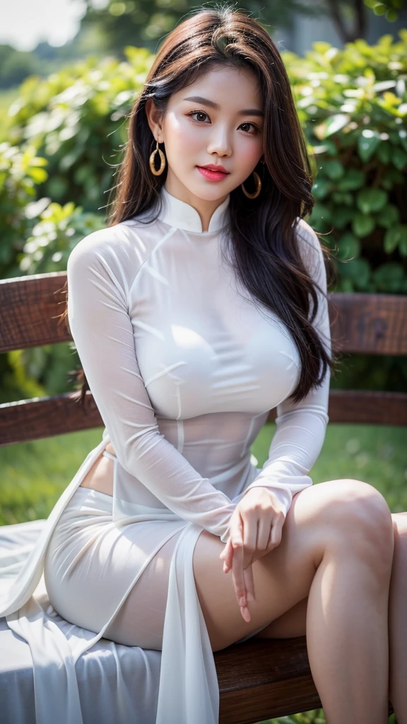 Detailed body, attractive body, perfect human body, realistic face,
(ultimate quality, masterpiece, highres:1.0), realistic:1.6, photorealistic,
[8k UHD photos, UHD high quality photos, Super detailed and super clear images],
Close-up of a Vietnamese girl with a detailed body, attractive body, perfect human body, realistic face,
(ultimate quality, masterpiece, highres:1.0), realistic:1.6, photorealistic,
[8k UHD photos, UHD high quality photos, Super detailed and super clear images],
Close-up of a Vietnamese girl with a beautiful face, tall and beautiful like a photo model,
, leggy, round face, big round eyes, Charming smile, Red lips, long curly eyelashes, big dimples, pointed chin, plump face, bright white skin, slim waist and long legs, wearing rings and earrings,
 Her face resembles Tuyet Linh, Tall and plump figure, wearing a super bright and shiny white silk ao dai, sitting in rainning in the park, cute pose,
Super shiny silk ao dai, wearing see-through ao dai, wearing underwear,