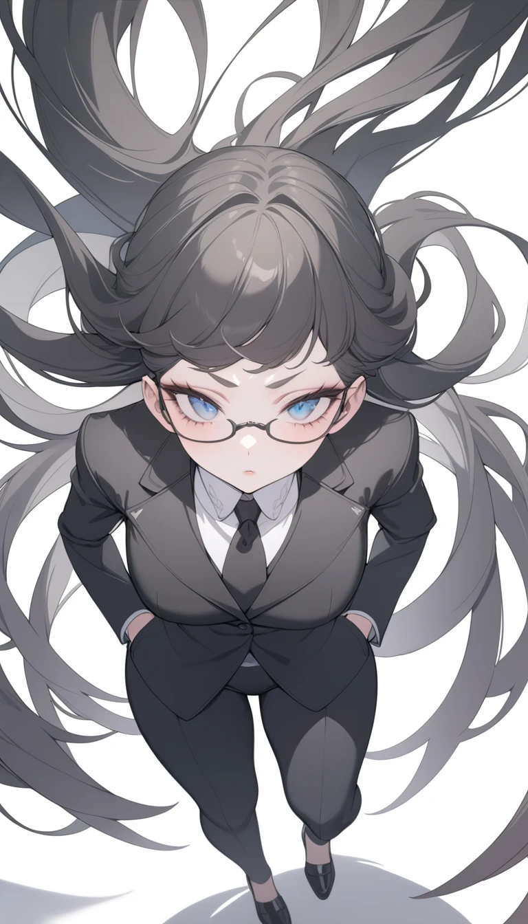1girl, detailed portrait, (full body : 1.1) , elegant black suit, black eyeglasses, beautiful detailed eyes, beautiful detailed lips, extremely detailed face, long eyelashes, hands in pockets, serious expression, white background, (best quality,4k,8k,high res,masterpiece:1.2),ultra-detailed, professional, dynamic color range, colorfull,