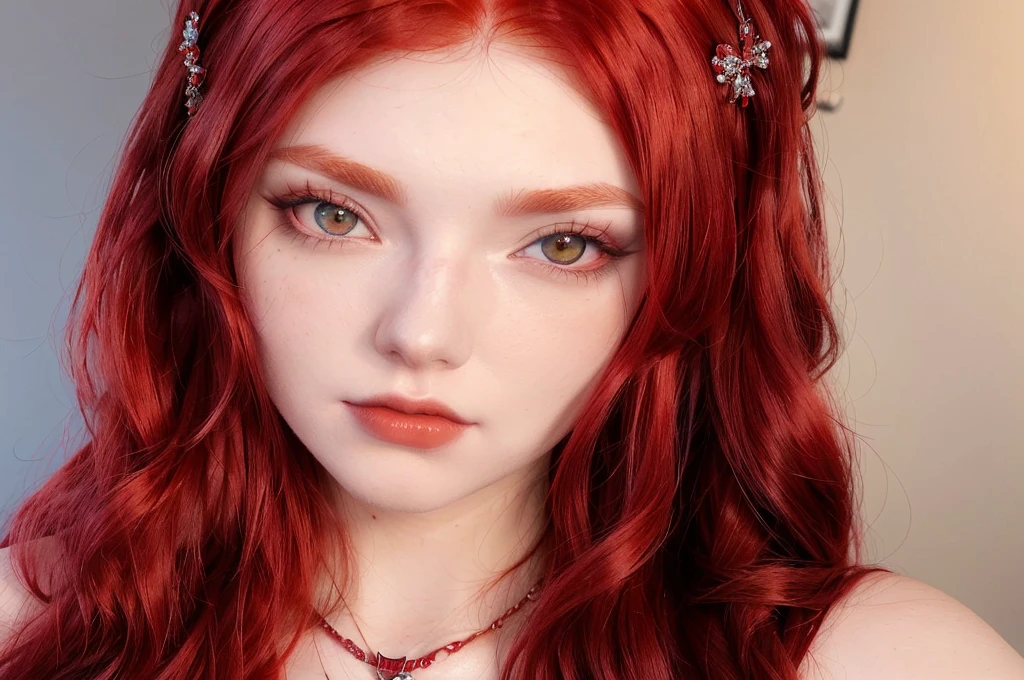 there is a woman With red hair and a necklace on, crimson red hair and red eyes, with long hair and piercing eyes, red wig, With red hair, anime girl in real life, with long red hair, red contact lenses, pale red, With red hair and green eyes, dyed red hair, realistic cosplay, red contacts, crimson hair, Sakimichan