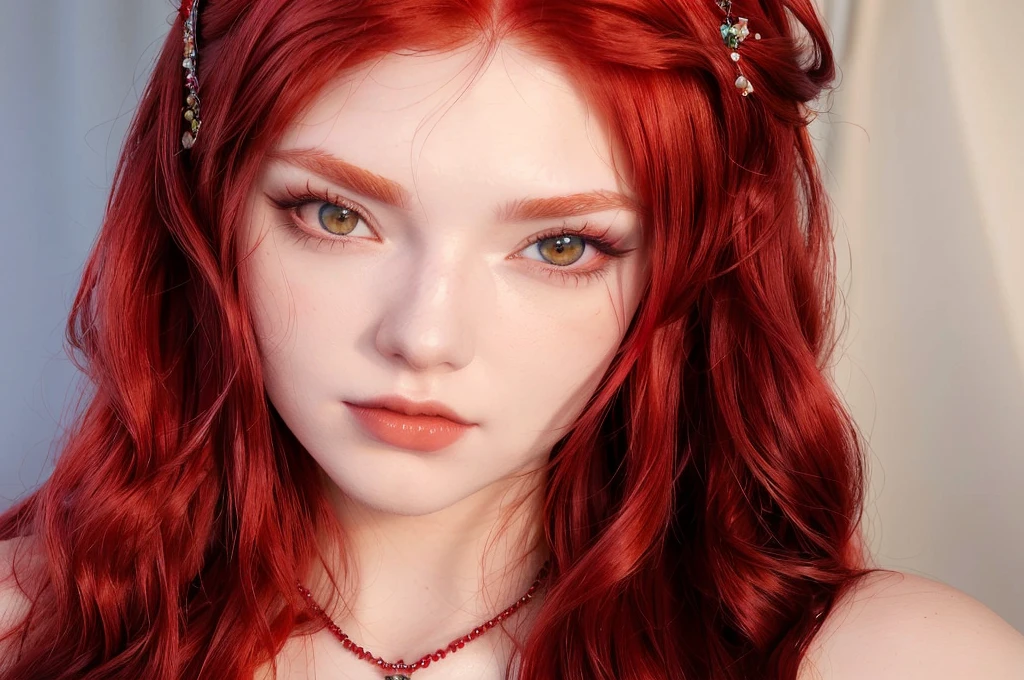 there is a woman With red hair and a necklace on, crimson red hair and red eyes, with long hair and piercing eyes, red wig, With red hair, anime girl in real life, with long red hair, red contact lenses, pale red, With red hair and green eyes, dyed red hair, realistic cosplay, red contacts, crimson hair, Sakimichan