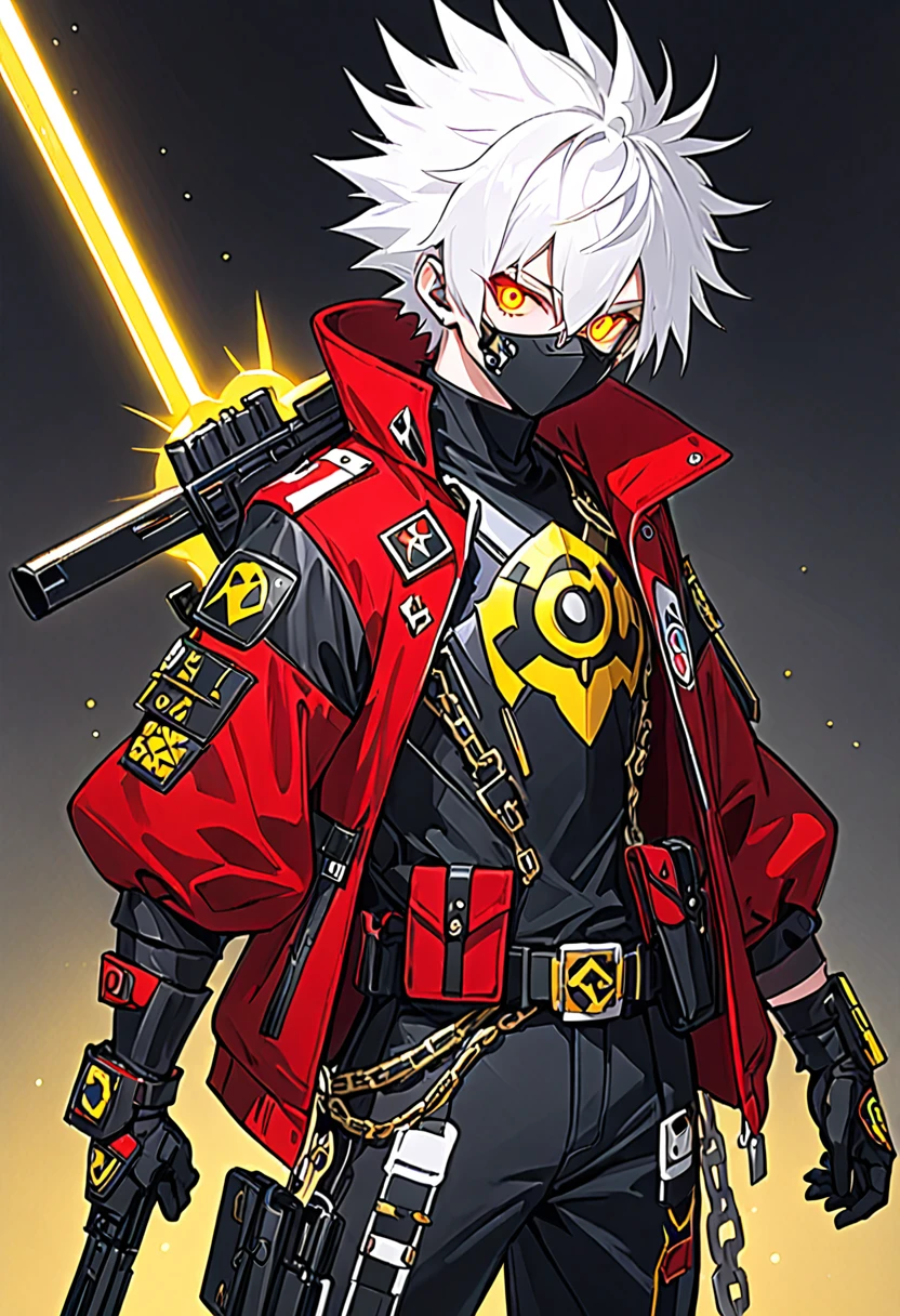 He has spiky, white hair that adds to his dynamic appearance. He wears a futuristic, black and gray mask with yellow glowing eyes, giving him a menacing and high-tech look.
Outfit: He is dressed in a red jacket with various patches and symbols, including the word "???" on the sleeve. The jacket is partially unzipped, revealing a form-fitting, armored suit underneath. The suit features a mix of black, white, and gold elements, emphasizing both protection and style.
Accessories: He has a large belt with studs and a chain, adding to his edgy and rebellious aesthetic. He also has gloves that match his suit, enhancing his combat-ready appearance.
Weapon: He is holding a large shotgun with intricate designs, showing he is equipped for battle. The shotgun is black with some inscriptions on it, adding to its uniqueness.