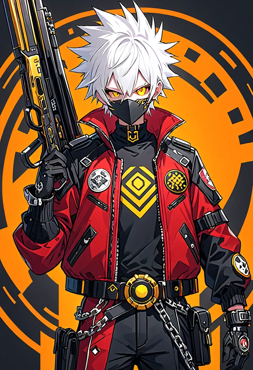 He has spiky, white hair that adds to his dynamic appearance. He wears a futuristic, black and gray mask with yellow glowing eyes, giving him a menacing and high-tech look.
Outfit: He is dressed in a red jacket with various patches and symbols, including the word "???" on the sleeve. The jacket is partially unzipped, revealing a form-fitting, armored suit underneath. The suit features a mix of black, white, and gold elements, emphasizing both protection and style.
Accessories: He has a large belt with studs and a chain, adding to his edgy and rebellious aesthetic. He also has gloves that match his suit, enhancing his combat-ready appearance.
Weapon: He is holding a large shotgun with intricate designs, showing he is equipped for battle. The shotgun is black with some inscriptions on it, adding to its uniqueness.