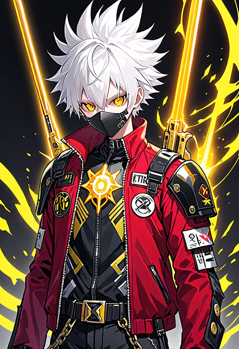 He has spiky, white hair that adds to his dynamic appearance. He wears a futuristic, black and gray mask with yellow glowing eyes, giving him a menacing and high-tech look.
Outfit: He is dressed in a red jacket with various patches and symbols, including the word "???" on the sleeve. The jacket is partially unzipped, revealing a form-fitting, armored suit underneath. The suit features a mix of black, white, and gold elements, emphasizing both protection and style.
Accessories: He has a large belt with studs and a chain, adding to his edgy and rebellious aesthetic. He also has gloves that match his suit, enhancing his combat-ready appearance.
Weapon: He is holding a large shotgun with intricate designs, showing he is equipped for battle. The shotgun is black with some inscriptions on it, adding to its uniqueness.