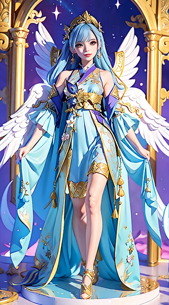 Close-up of a woman in costume on stage, Whole body xylose, Beautiful celestial mage, a stunning young ethereal figure, beautiful fantasy empress, astral witch clothes, shaxi, flowing magical robe, white hanfu, xianxia fantasy, Belle Delphine, Ethereal fantasy, elegant glamourous cosplay, heise jinyao，((are standing))，((Full body photo)) girl angel wings flower crown flower leaves  