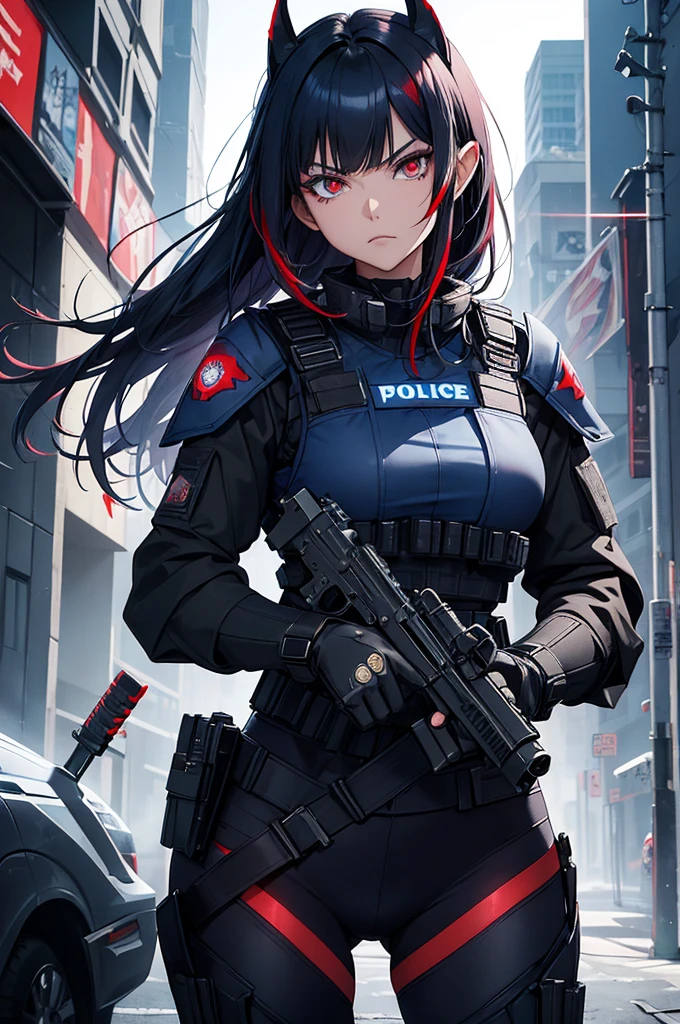 Create high quality images featuring a red eyed elf girl with dark navy blue hair and straight bangs。She is a member of the police special forces.。Wearing a black and blue bulletproof vest。Aggressive pose。Aggressive facial expression。Holding a blue lightsaber。In the background is the city inside the dome。 Next to her is a black armored vehicle.。