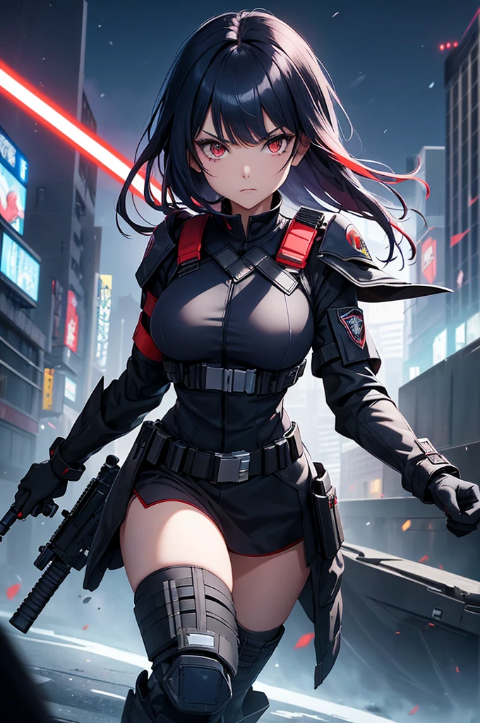 A warrior anime girl wear cyberpunk suit carry katana in hand fight with demon 