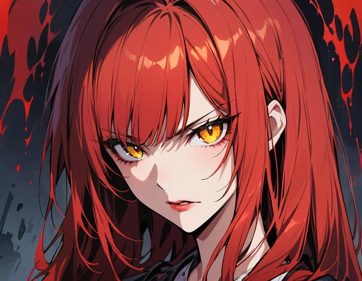 Long red hair, yellow eyes, evil, sexy, black and red clothes, cute hairstyle, evil face, evil, serious look, gloss lips, sinister, front look, bloody, gloves, close up, portrait, beautiful eyes, short dress, big white, dark place, night, sensual, straight hair cut, clear skin, evil, young 30 years girl, adult girl, solo, red, very long hair, (((Older mature woman)))
