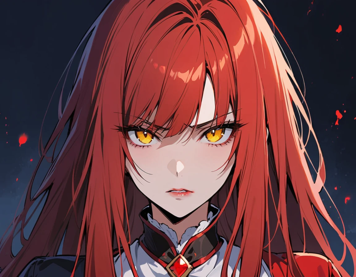 Long red hair, yellow eyes, evil, sexy, black and red clothes, cute hairstyle, evil face, evil, serious look, gloss lips, sinister, front look, bloody, gloves, close up, portrait, beautiful eyes, short dress, big white, dark place, night, sensual, straight hair cut, clear skin, evil, young 30 years girl, adult girl, solo, red, very long hair, (((Older mature woman)))