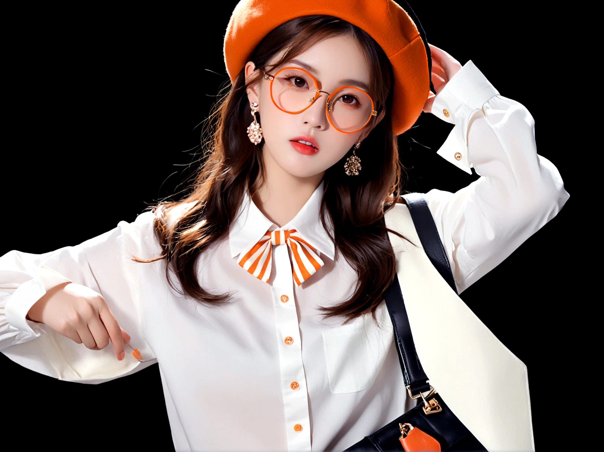1girl, solo, long hair, looking at viewer, simple background, brown hair, shirt, long sleeves, hat, bow, jewelry, white shirt, upper body, earrings, glasses, bag, lips, head tilt, beret, black background, orange bow, round eyewear
