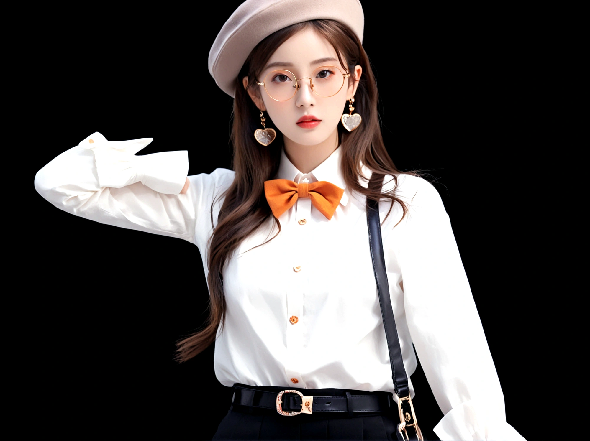 1girl, solo, long hair, looking at viewer, simple background, brown hair, shirt, long sleeves, hat, bow, jewelry, white shirt, upper body, earrings, glasses, bag, lips, head tilt, beret, black background, orange bow, round eyewear
