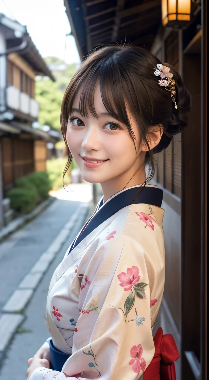 Professional Lighting,(Realistic:1.4), (Top image quality:1.0), (超High resolution:1.0), 8K, Raw photography, (masterpiece:0.2), (Dealing with the Children_v1:0.5)、(最高quality Detail:1.2)、Realistic、8K Ultra HD、High resolution、(1 Girl:1.2)、超detailedな、High quality textures、複雑なdetailed、detailed、Very detailed CG、High quality shadows、detailed 美しく繊細な顔、Beautiful details and a delicate eye、(Symmetrical eyes:1.2),Written boundary depth、Ray Tracing,1 Girl, Japanese Girls, (Natural smile:1.4),cute, thin, Portrait of a beautiful Japanese woman in a kimono, Standing elegantly on a street corner in Kyoto. Kimono with vibrant traditional patterns, Hair decorated with elegant and delicate hairpins, Gentle expression. (With the old streets of Kyoto in the background:1.4)、The soft light of a spring afternoon、Adding tranquility to the scene. Rendered in a Realistic style with great attention to detail, High resolutionの画像.Sky Porn, Magic Hour, (Realistic:1.3), finely, quality, (Tabletop:1.2), (Realistic:1.2), (最高quality), (複雑なdetailed), dramatic, Ray Tracing, photograph, +roller