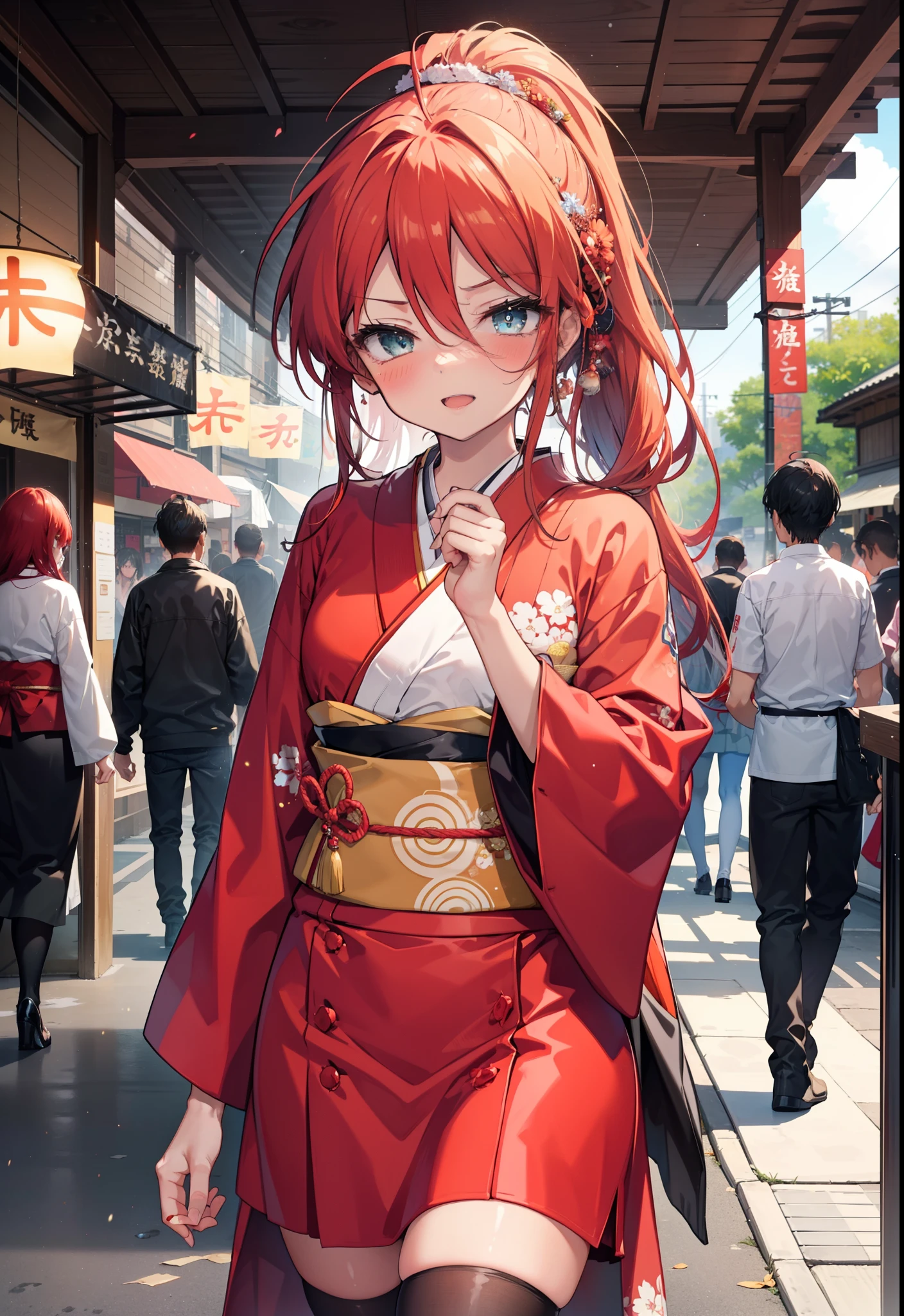 Shana,灼眼のShana,Long Hair, Red hair,Red eyes,Ahoge,smile,blush,Open your mouth,Hair tied up,blush,Red Kimono,Thick sleeves,Red long skirt,日本のfestival,夏festivalの屋台,Red lantern,So that the whole body goes into the illustration,Walking, break looking at viewer, Upper Body (Cowboy Shot:1. 5), break outdoors, shrine,festival, break (masterpiece:1.2), Highest quality, High resolution, unity 8k wallpaper, (shape:0.8), (Beautiful and beautiful eyes:1.6), Highly detailed face, Perfect lighting, Highly detailed CG, (Perfect hands, Perfect Anatomy),